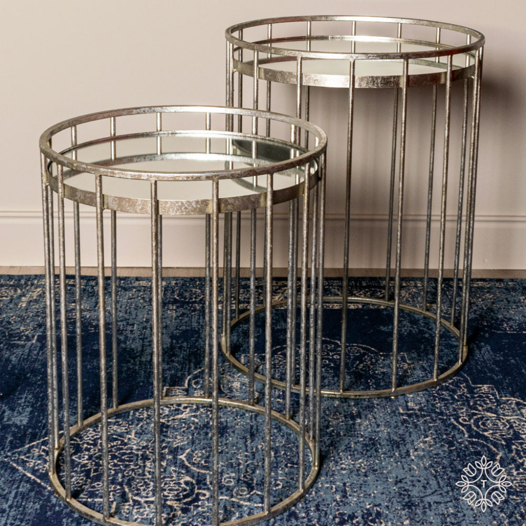 Cage set of two side tables round mirrored silver Strong TH5130DS Tara Lane Mulligans Of Ballaghaderreen