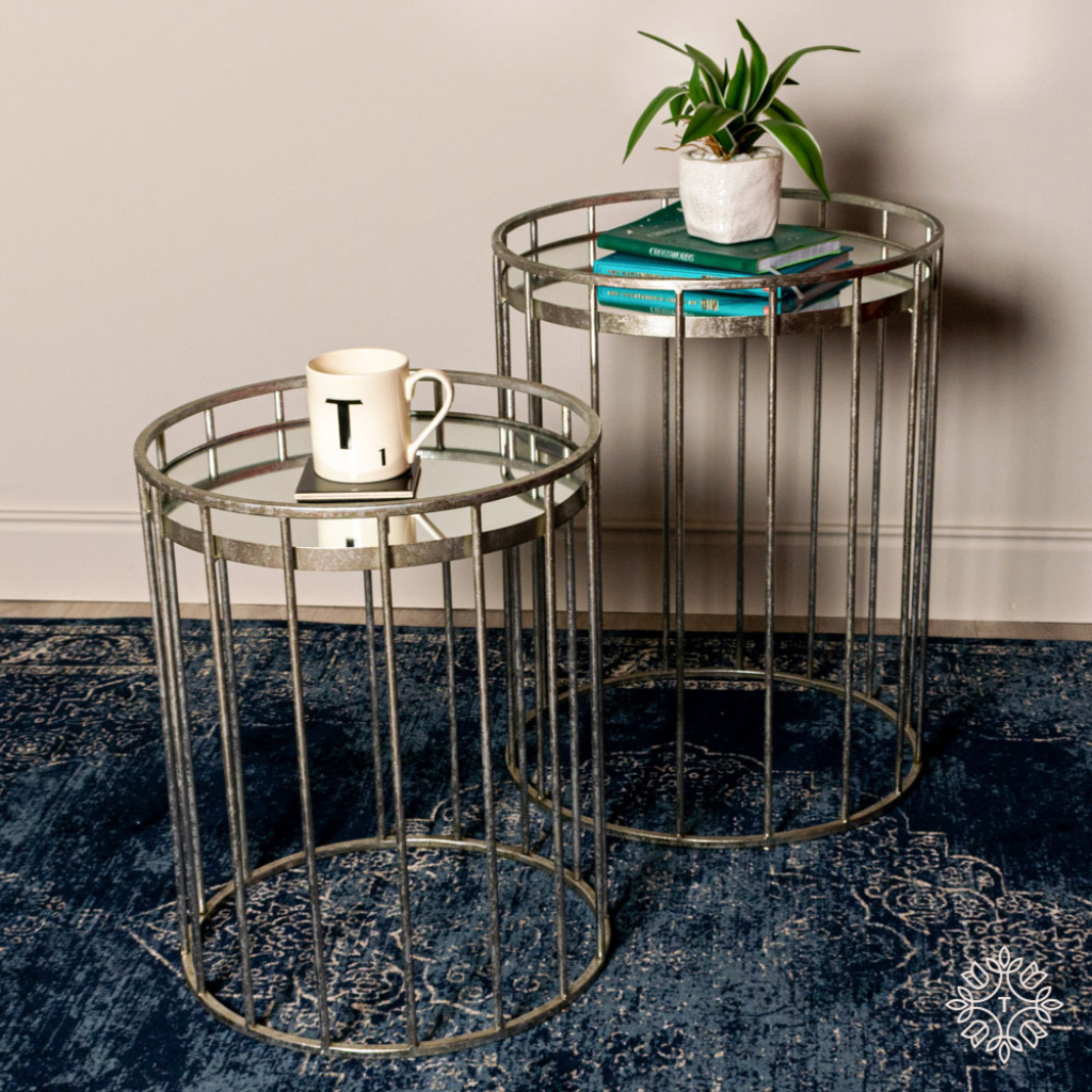 Cage set of two side tables round mirrored silver accent minimal TH5130DS Tara Lane Mulligans Of Ballaghaderreen