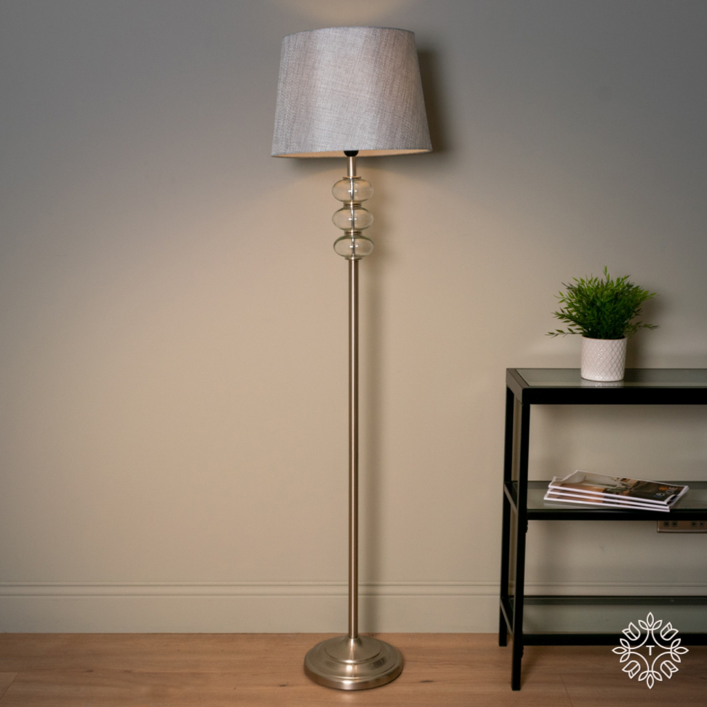 Jane floor lamp silver and grey linen style shade 158cm TH5103 Tara Lane Mulligans of Ballaghaderreen