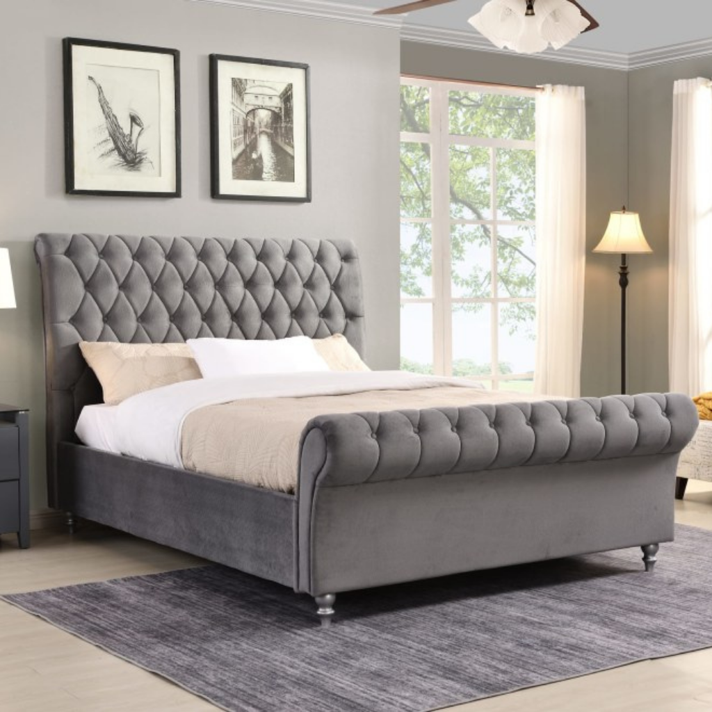 Kilkenny Grey Bedframe 6ft superking Fabric Luxury Quilted Stich Headboard Opulant GIE Mulligans Of Ballaghaderreen