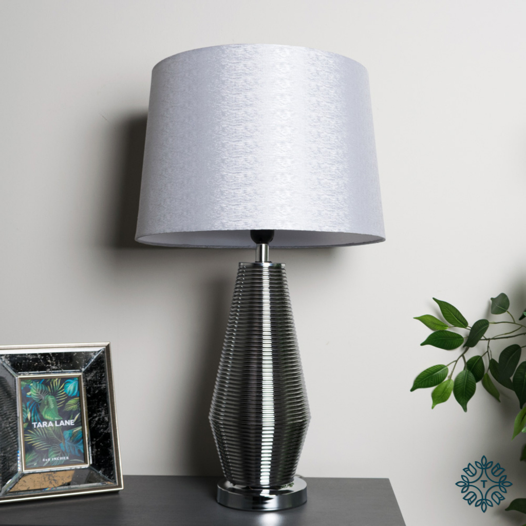 Macy ridges table lamp smoked grey Spun silver shade 64cm TH5025 Tara Lane Mulligans of Ballaghaderreen