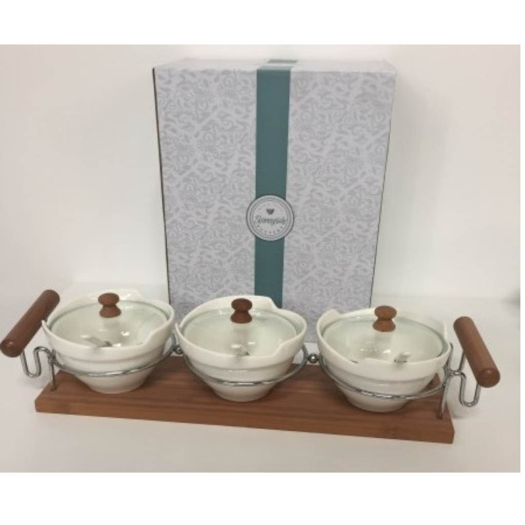 Pottery Covered dip set on wooden stand JK86348 By Slaneyside Mulligans Of Ballaghaderreen