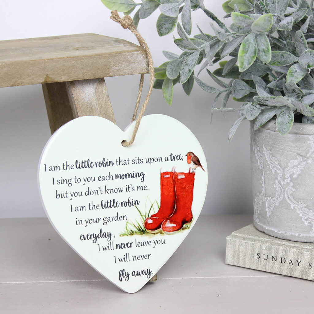 Robin Heart Ceramic hanging plaque sentiment token bereavement richard langs Mulligans Of Ballaghaderreen