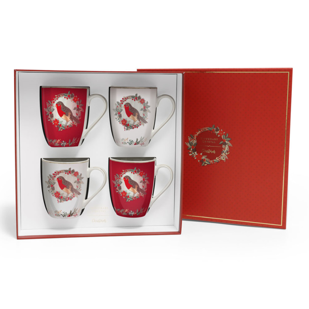 Set of 4 Tipperary Crystal Christmas Robin Mugs 145054 TIPPERARY CRYSTAL Mulligans of Ballaghaderreen